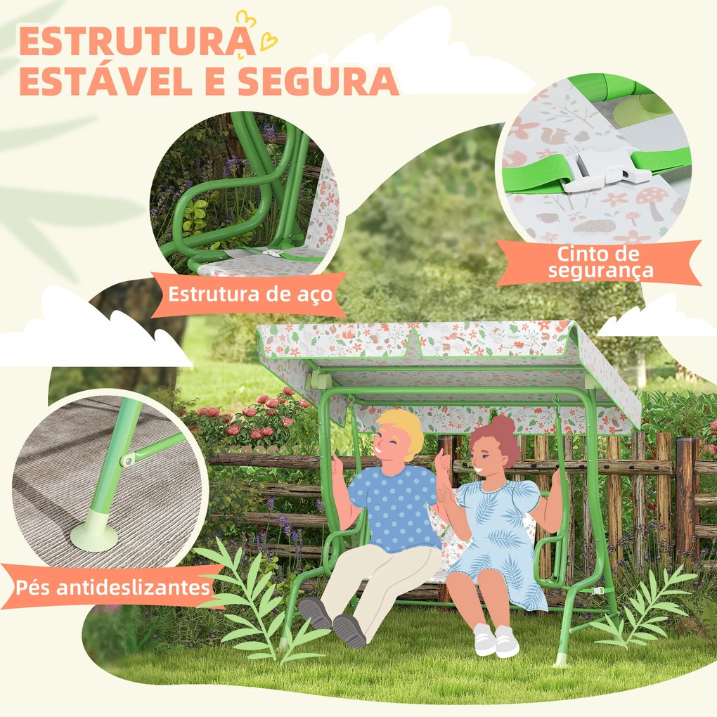 Baloiço de Jardim para Crianças com 2 Lugares Toldo Ajustável Cinto de Segurança e Desenho de Borboletas 112x75x120 cm Verde