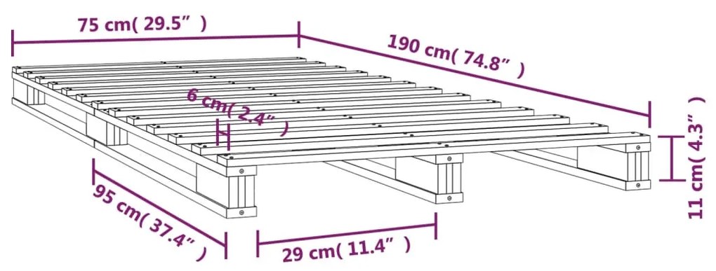 Cama de paletes pequena de solteiro 75x190cm pinho maciço cinza