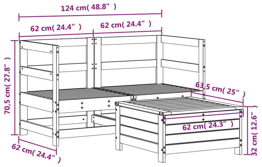 3 pcs conjunto de sofás para jardim madeira de pinho impregnada
