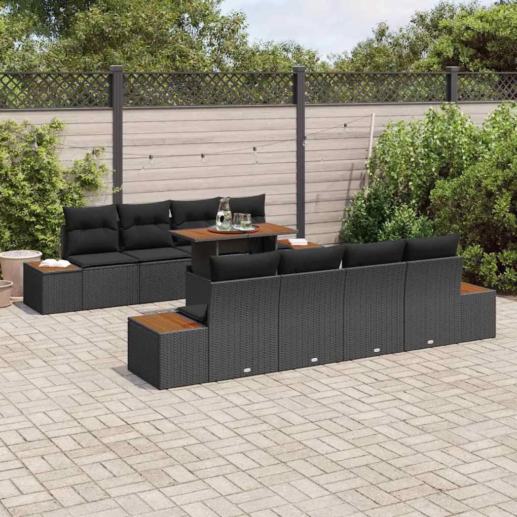 Conjunto de jantar de 9 peças pra jardim com almofadas de rattan