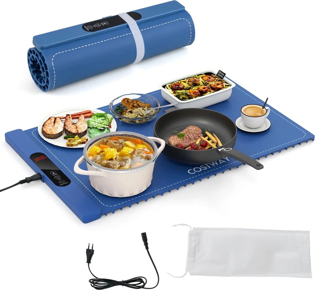 Bandeja elétrica aquecedora 60 x 38 x 2 cm com temperatura ajustável em 6 níveis Bandeja aquecedora de silicone com temporizador de 1 a 5 horas Azul