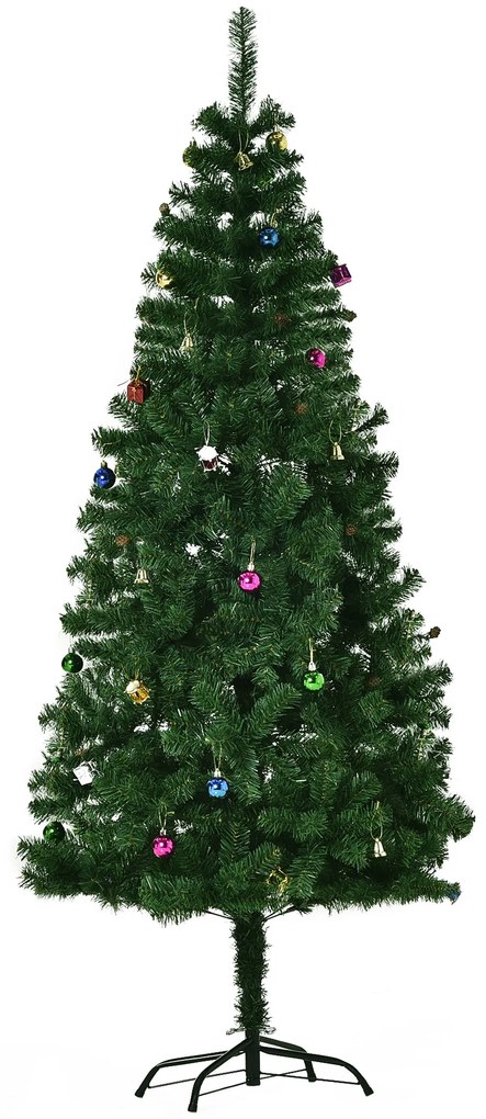 HOMCOM Árvore de Natal Artificial 180cm Ignífugo com 624 Ramos 48 Decorações Folhas de PVC e Suporte Metálico Verde