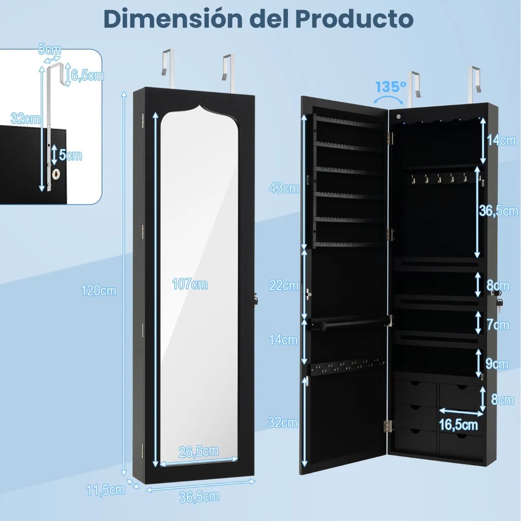 Armário para joias com espelho, iluminação LED, fechadura, montagem na porta e na parede, 36,5 x 11,5 x 120 cm preto