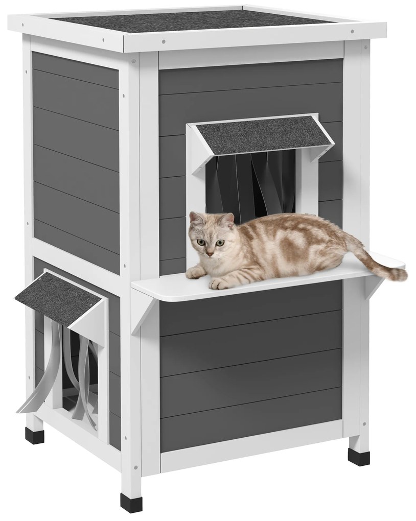 PawHut Casa para Gatos de Madeira 60x60x81,5 cm de 2 Níveis com Cortina e Portas com Beirais Impermeáveis Cinza e Branco