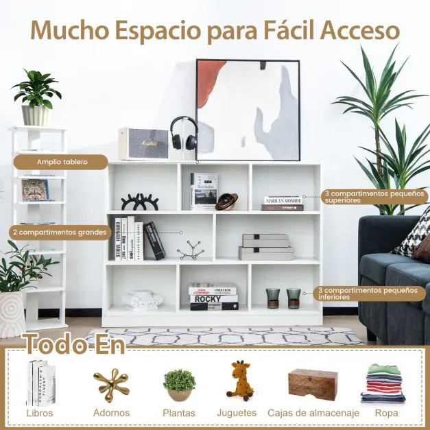 Estante aberta de 3 camadas, 8 cubos, prateleira de armazenamento, expositor 122 x 32 x 93 cm branco