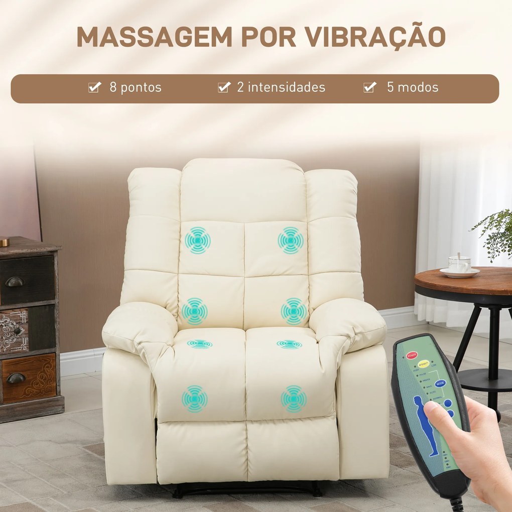 Poltrona de Massagem Poltrona Relax Reclinável com 8 Pontos de Massagem Controlo Remoto Estofada em PU 94x99x99 cm Creme