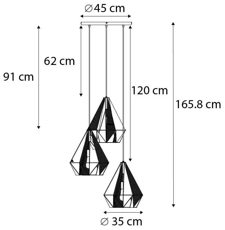 Candeeiro de suspensão industrial dourado com malha 3 luzes - Carcass Industrial