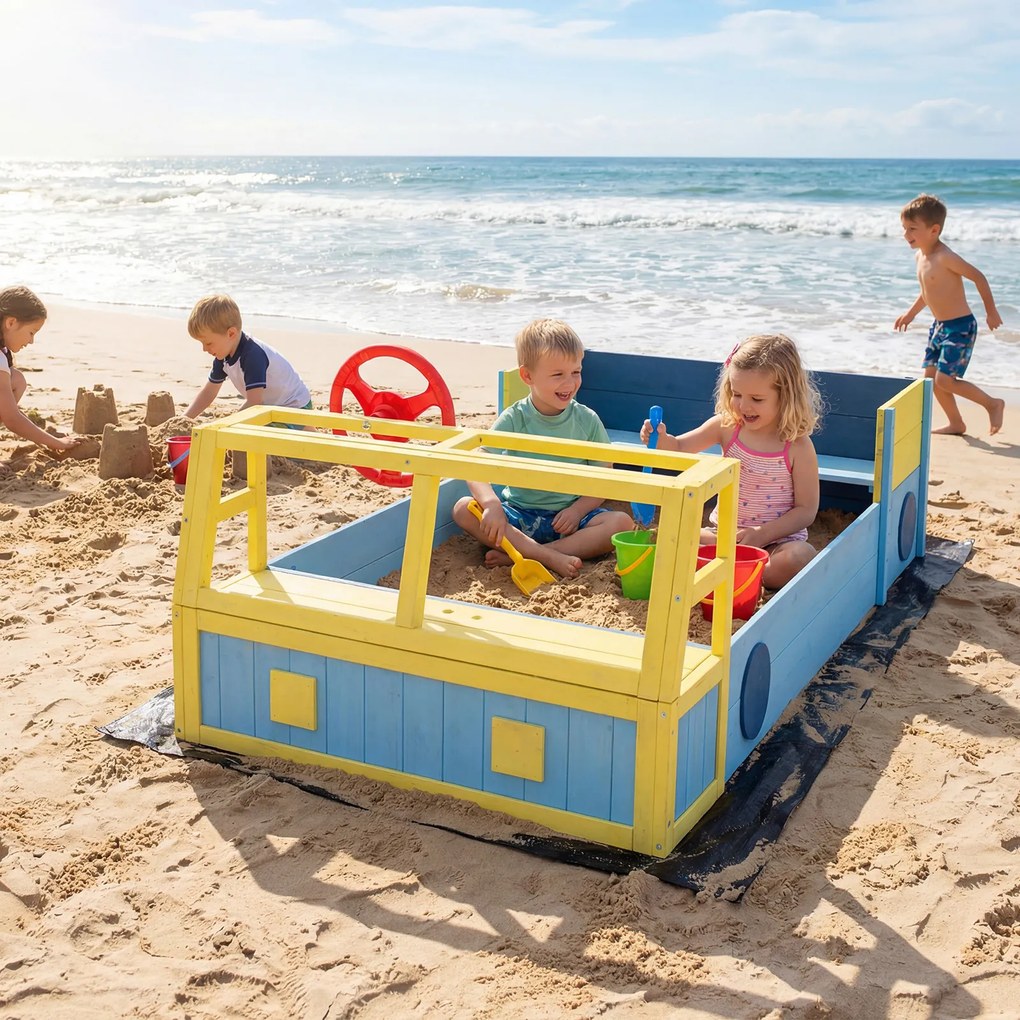 Caixa de areia infantil em madeira de abeto com forma de carro 160 x 86 x 58 cm, assento com base aberta e forro inferior, para praia, pátio ou jardim