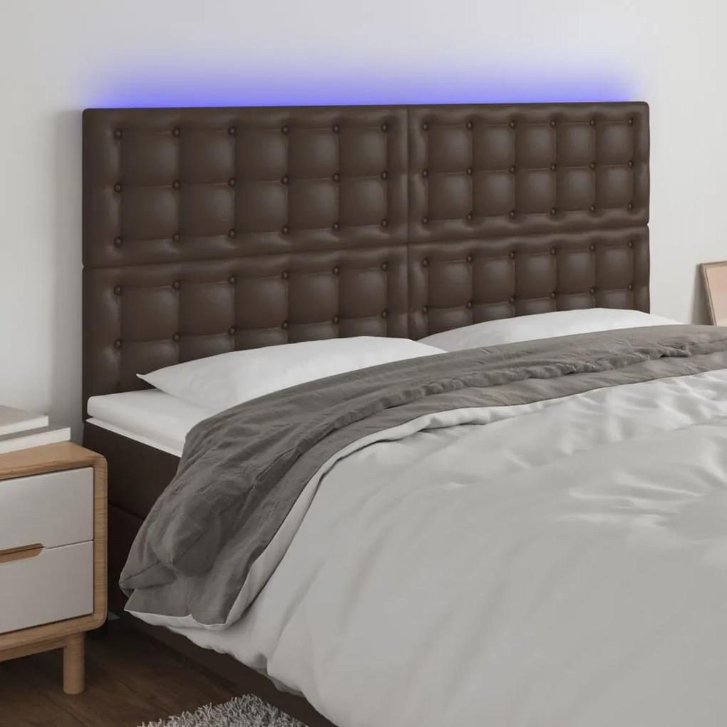 Cabeceira cama c/ LED couro artif. 200x5x118/128 cm castanho