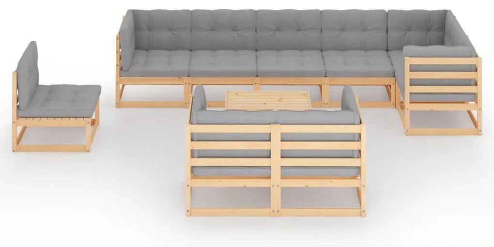 10 pcs conjunto lounge de jardim c/ almofadões pinho maciço