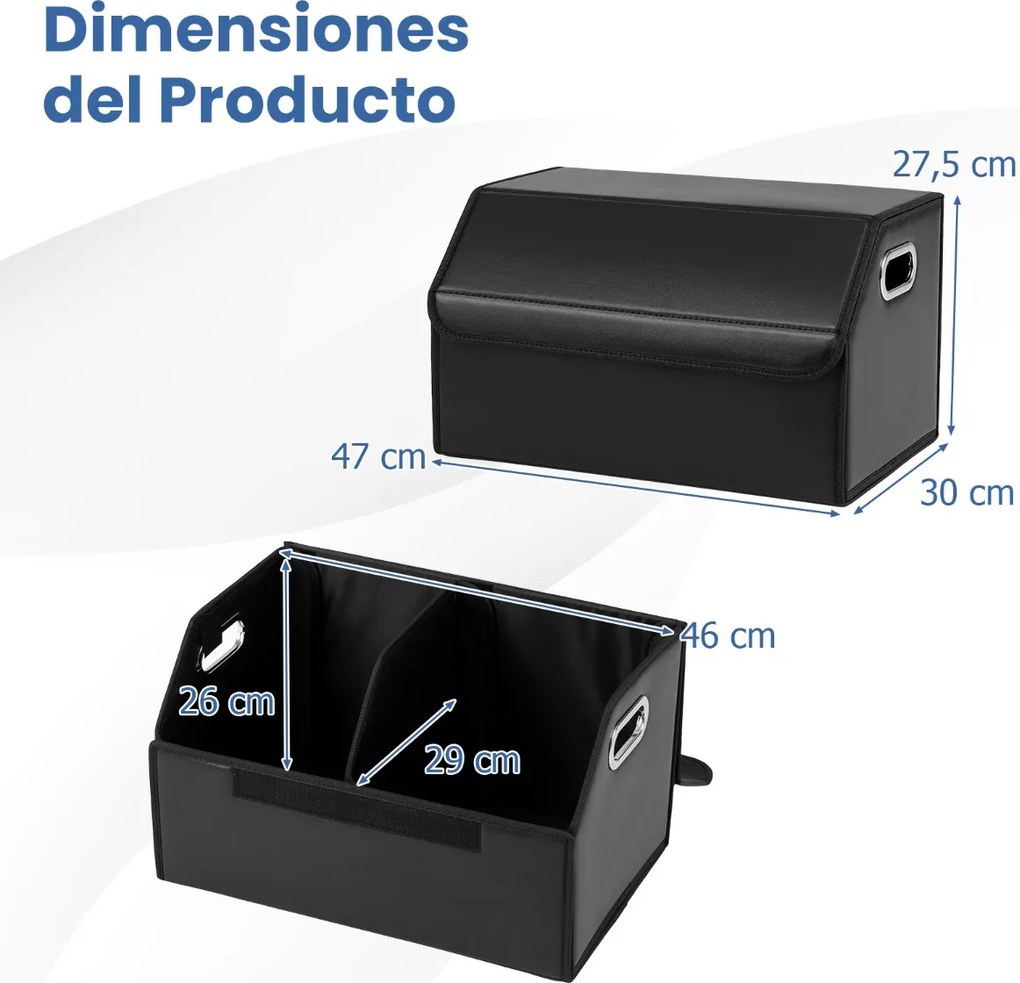 Organizador dobrável 30 x 47 x 27,5 cm para porta-malas de carros 35L com tampa lisa em couro e divisória ajustável Preta