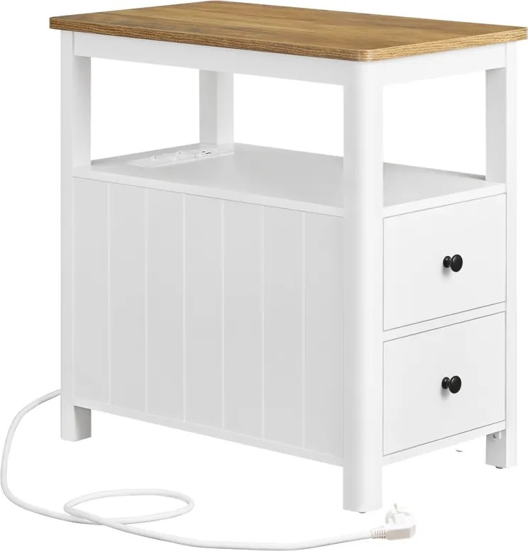 Mesa de apoio, mesa de cabeçeira estreita 60 x 35 x 60 cm com régua de tomadas, 2 gavetas castanho-branco