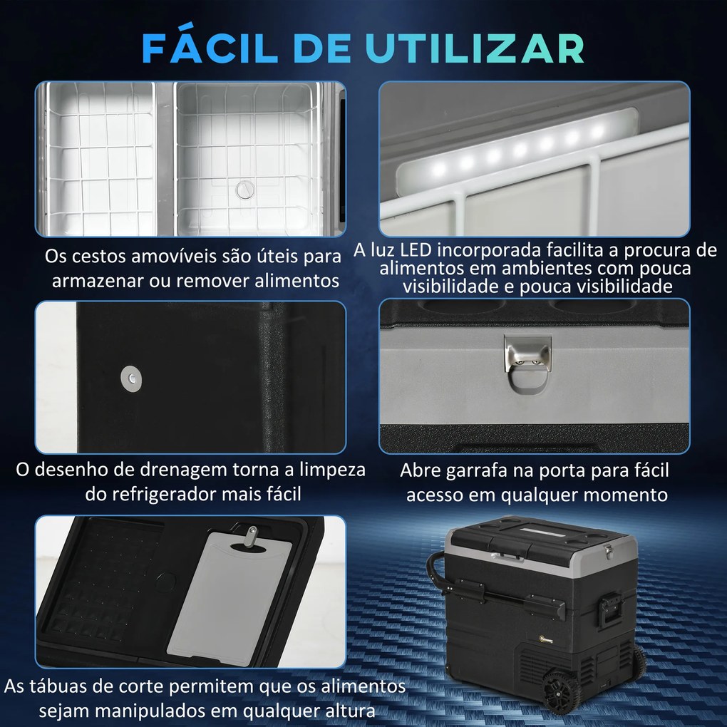 Outsunny Geleira de Compressor Portátil 55L Geleira Elétrica de Carro CC 12V/24V Temperatura até -20℃ com Tela Tátil Alça Retrátil e Rodas 71,1x46x57,1cm Preto