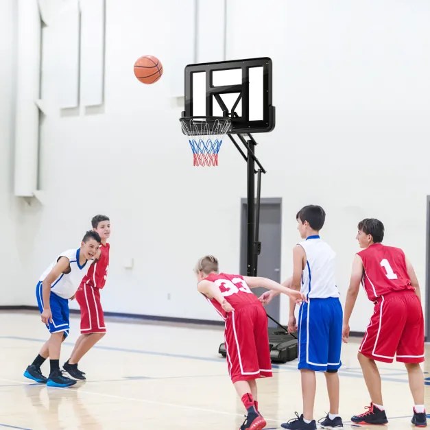 Cesto de basquetebol com altura ajustável 245cm-305cm, portátil com rodas, base recarregável para ambientes internos e externos