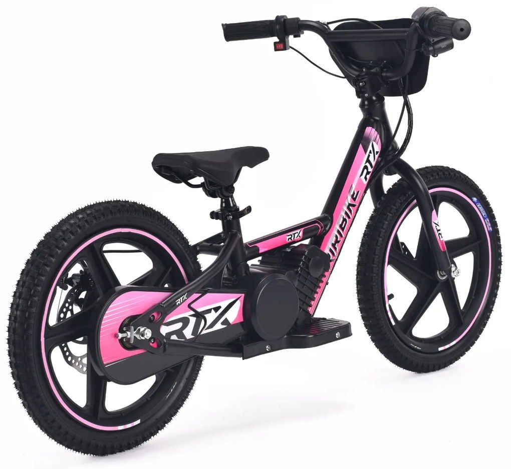 Bicicleta eléctrica para crianças RIRIBIKE RTX6 24V (16") bateria de lítio, motor de 250 watts, travão de disco, assento ajustável em PU macio Rosa