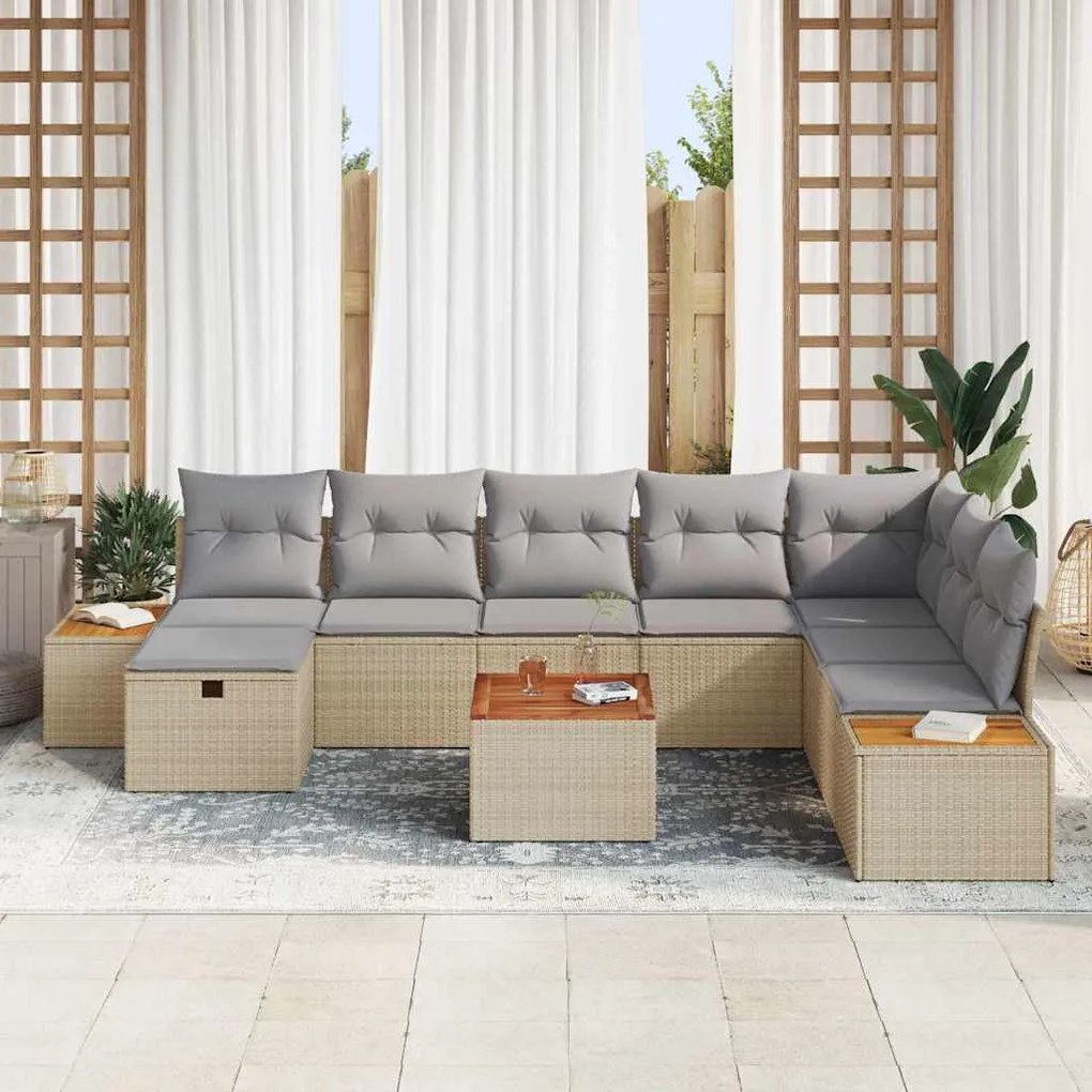 Conjunto de Sofá de Jardim vidaXL de 9 peças com Almofadas Bege de Vim