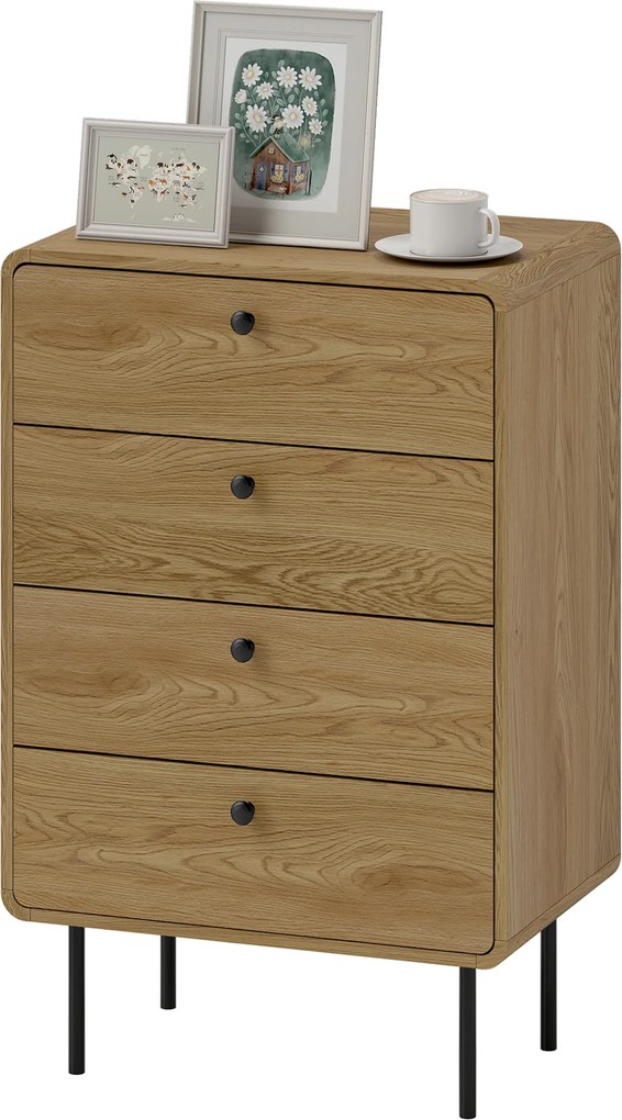 Cómoda com 4 gavetas, móvel de arrumação estreito com pés em aço, cantos arredondados, 60 x 39 x 91,5 cm, carvalho