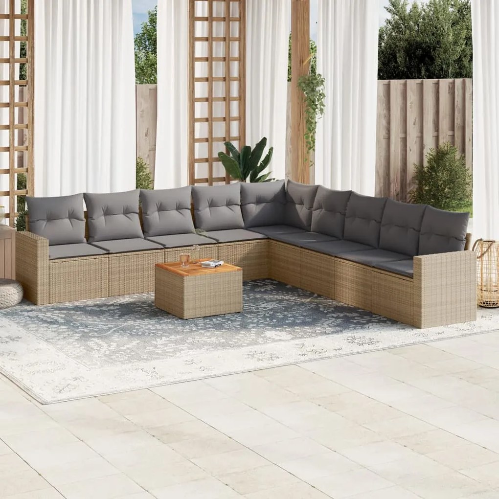 10 pcs conjunto de sofás p/ jardim com almofadões vime PE bege