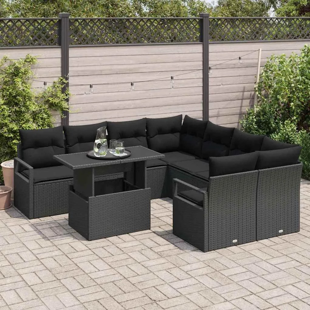 Conjunto de Sofá de Jardim vidaXL 9 Peças com Almofadas em Rattan Polí