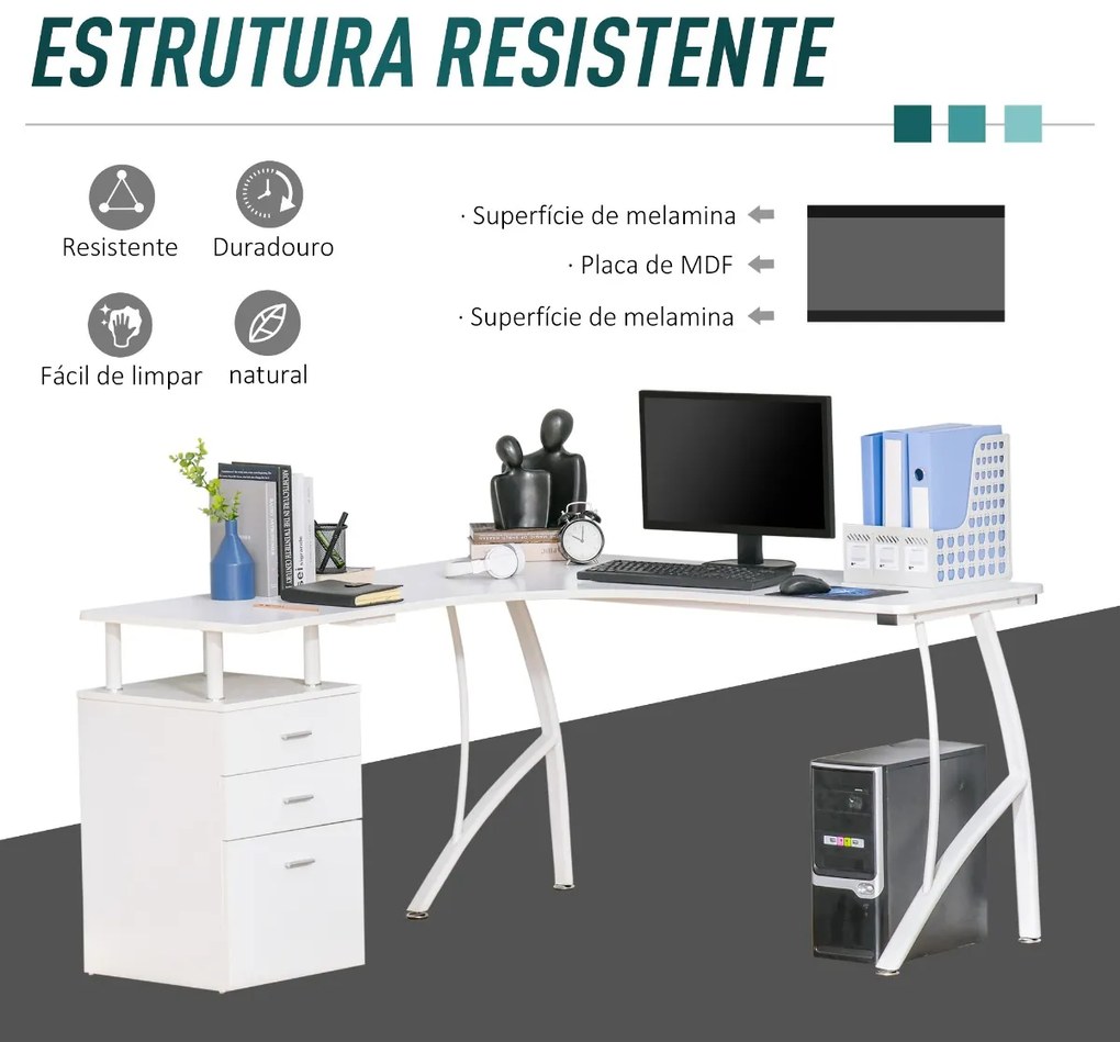 Mesa de canto para computador Mesa em formato de L com 3 gavetas Mesa moderna para escritório 143,5x143,5x76 cm Branco