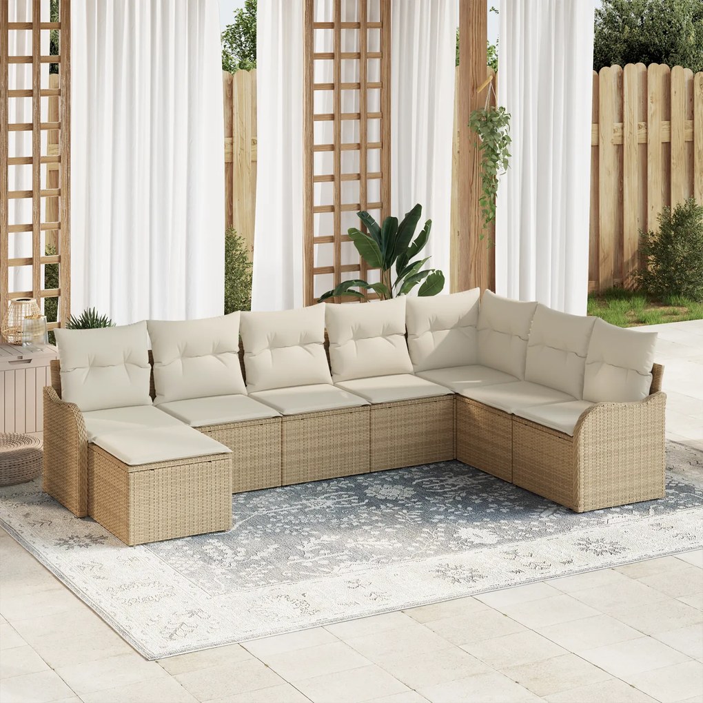 Conjunto de Sofá de Jardim de 8 Peças com Almofadas Bege Vime Poly