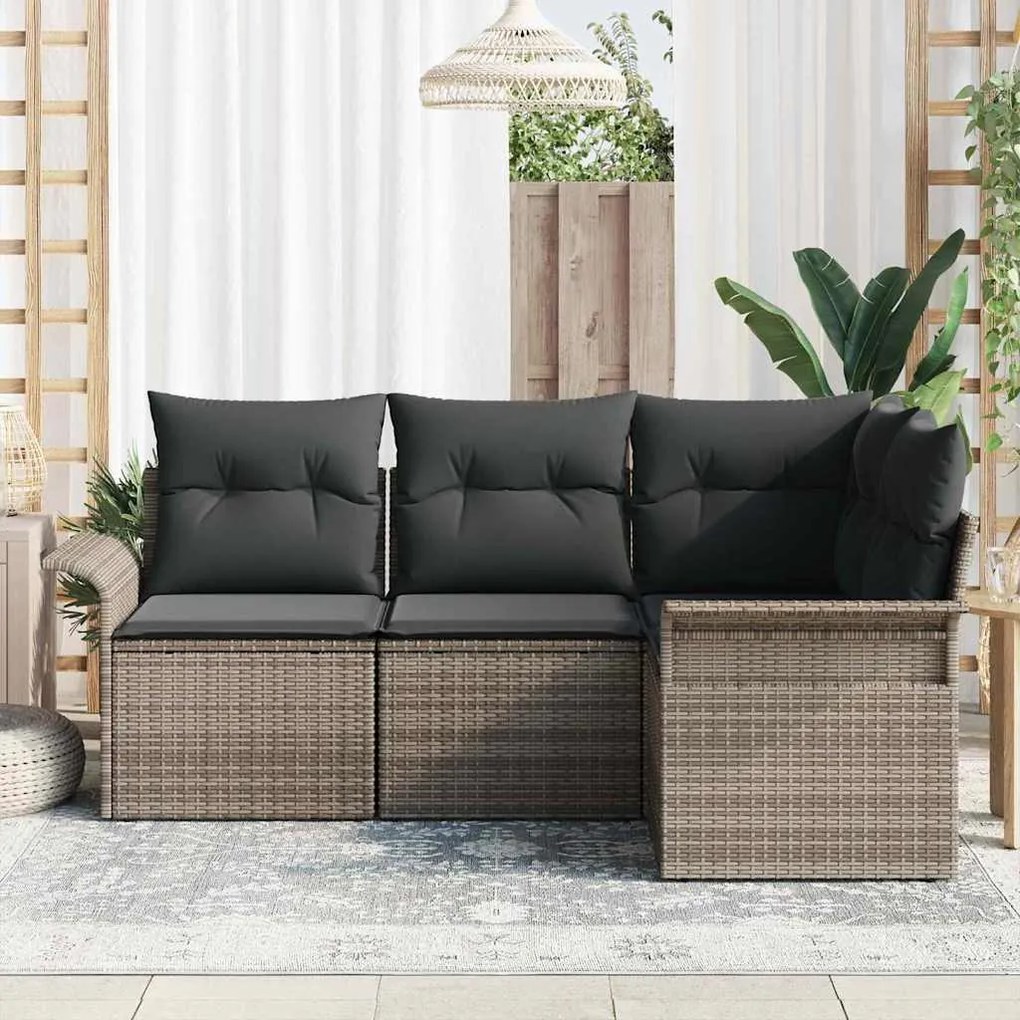 Conjunto de Sofá de Jardim de 4 Peças com Almofadas Rattan Poli Cinza