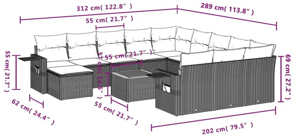 13 pcs conjunto sofás p/ jardim c/ almofadões vime PE cinzento