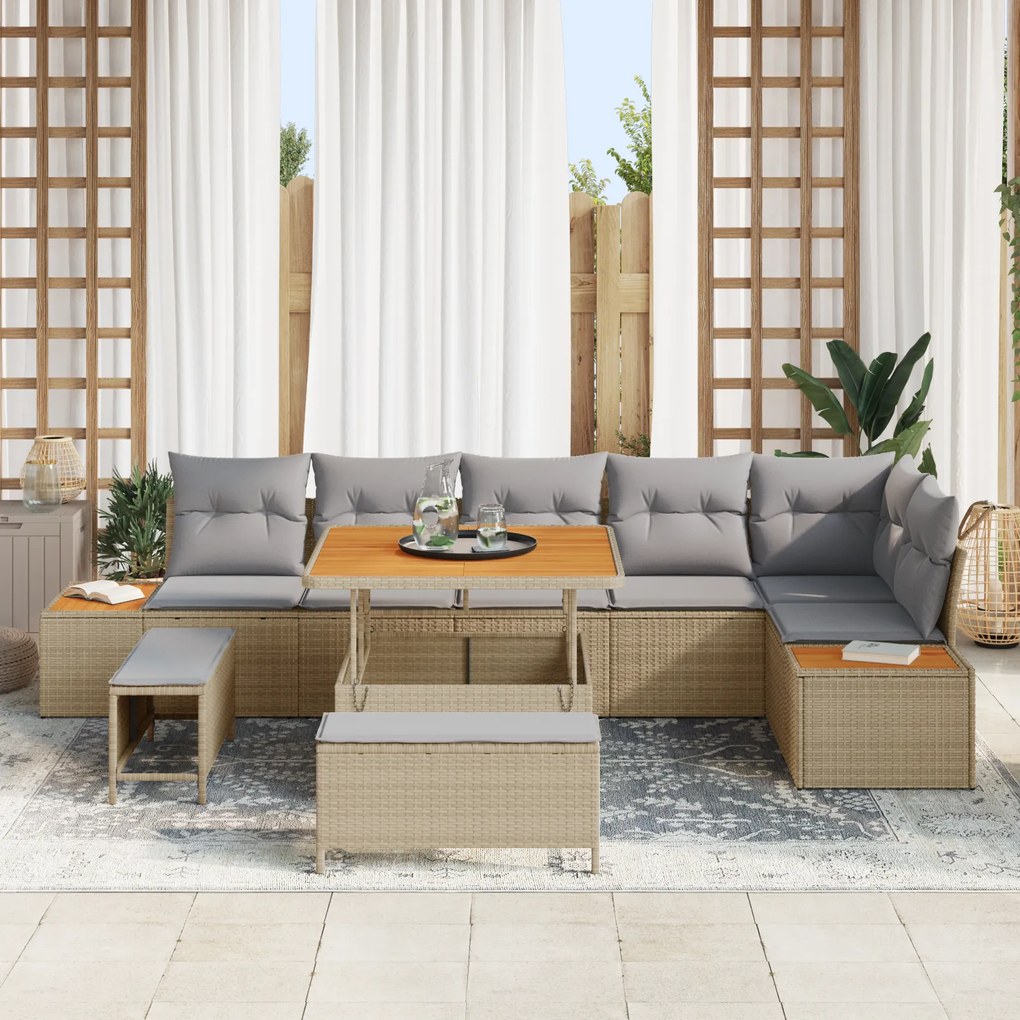 Conjunto de Sofá de Jardim vidaXL de 9 Peças com Almofadas Bege Vime A