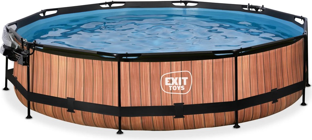 Piscina redonda Wood ø360x76cm com bomba de filtragem e cobertura - Castanha