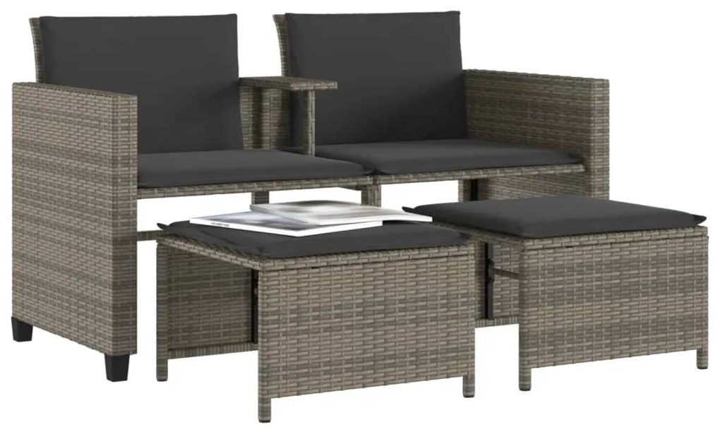 Sofá de jardim de 2 lugares com mesa e bancos vime PE cinzento
