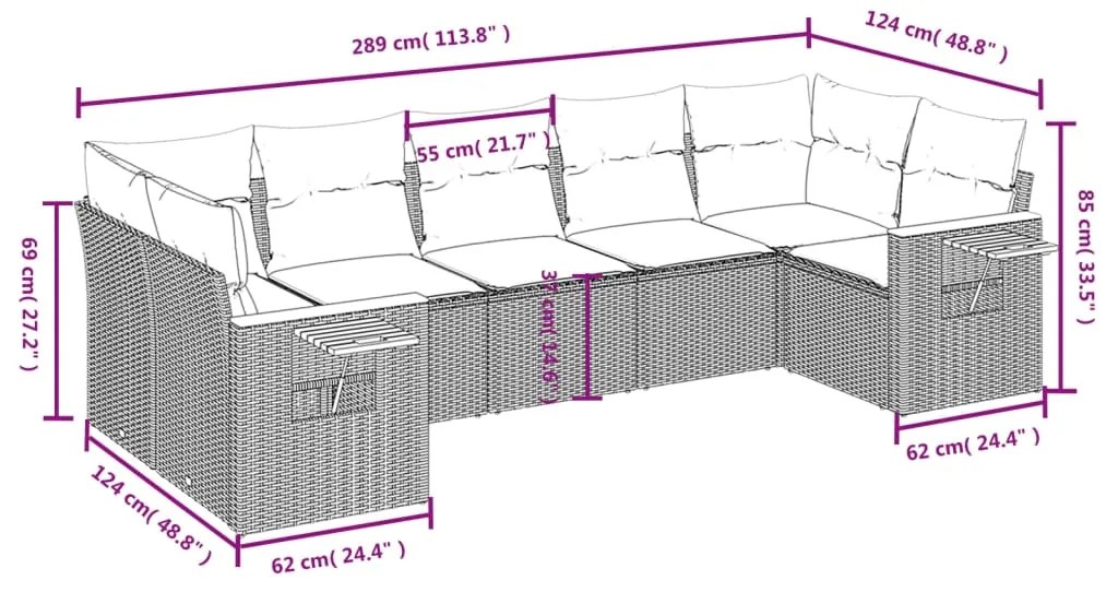 7 pcs conjunto de sofás p/ jardim com almofadões vime PE bege