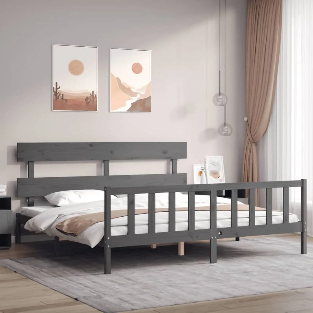 vidaXL Estrutura de cama com cabeceira 200x200 cm madeira maciça cinza