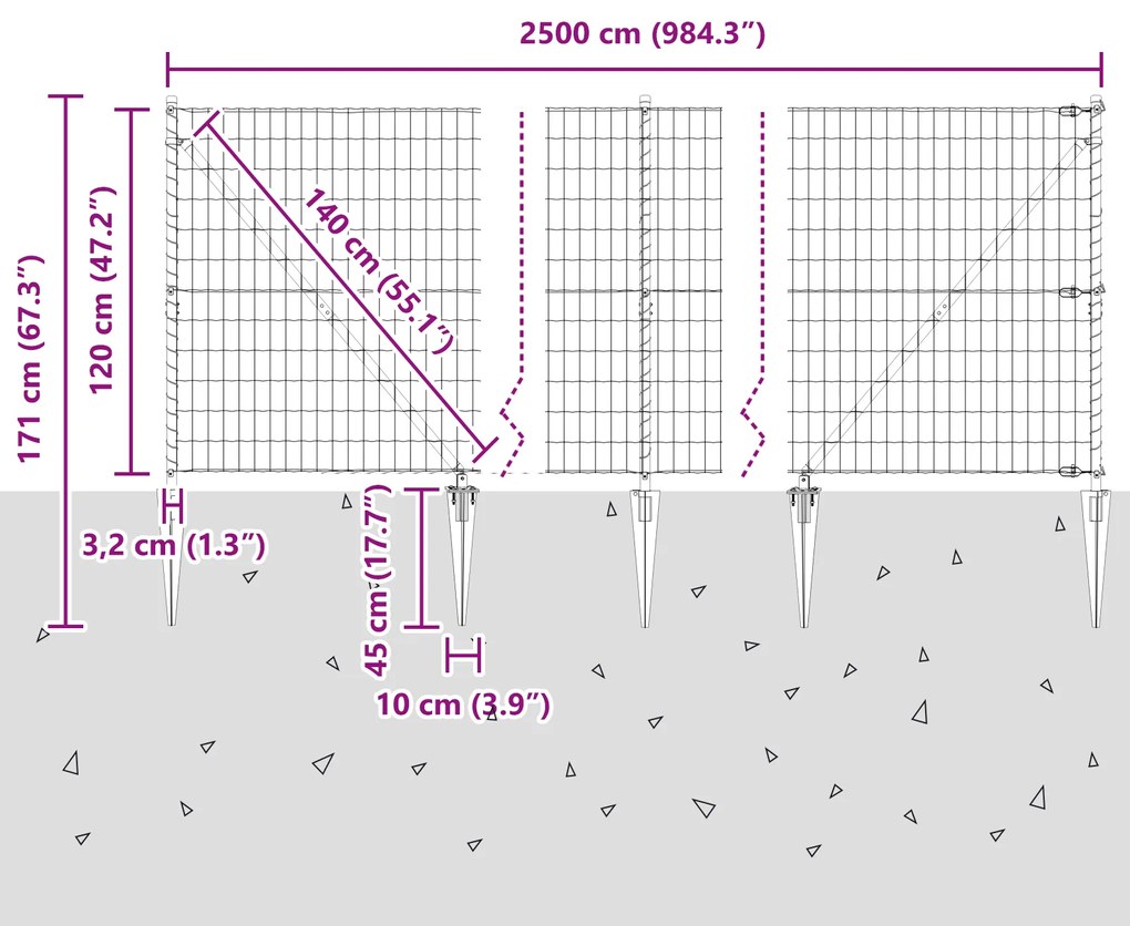 Cerca Euro com 13 Postes com Ponta 1.2x25 m Aço Galvanizado Verde