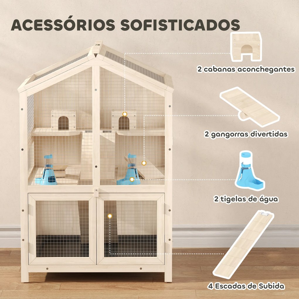 Gaiola para Hamster de Madeira de 3 Níveis com Bebedouros Casotas Baloiços Bandeja Amovível e Tampas Rebatíveis Natural