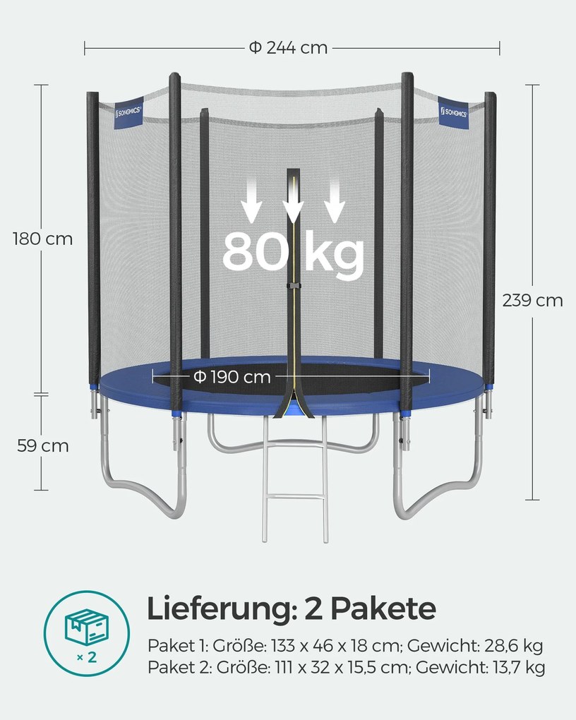 Trampolim 244 cm com rede segurança e escada Preto-Azul