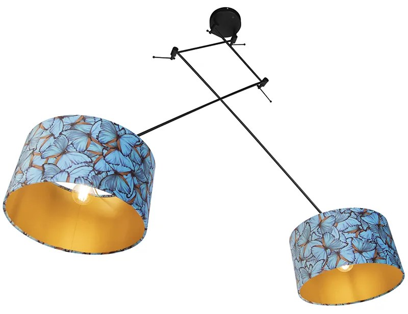 Candeeiro de suspensão preto com abajures de veludo borboletas com dourado 35 cm 2-luzes - Blitz Clássico / Antigo,Moderno