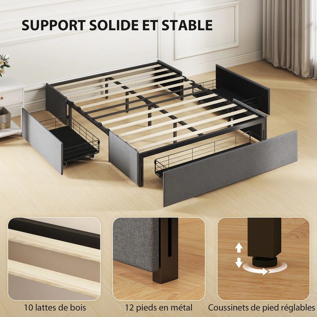Cama com arrumação 140 x 190 cm (COLCHÃO NÃO INCLUIDO), estrutura de cama de casal estofada com 3 gavetas, base de ripas em LVL, silenciosa, cinzenta
