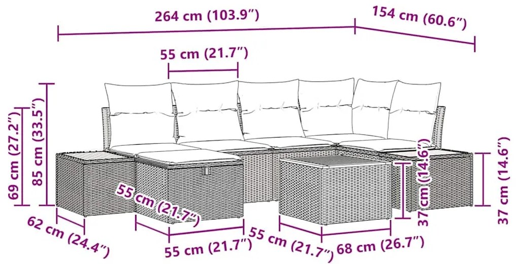 Sofá de Jardim 9 Peças com Almofadas Bege em Rattan Poliéster