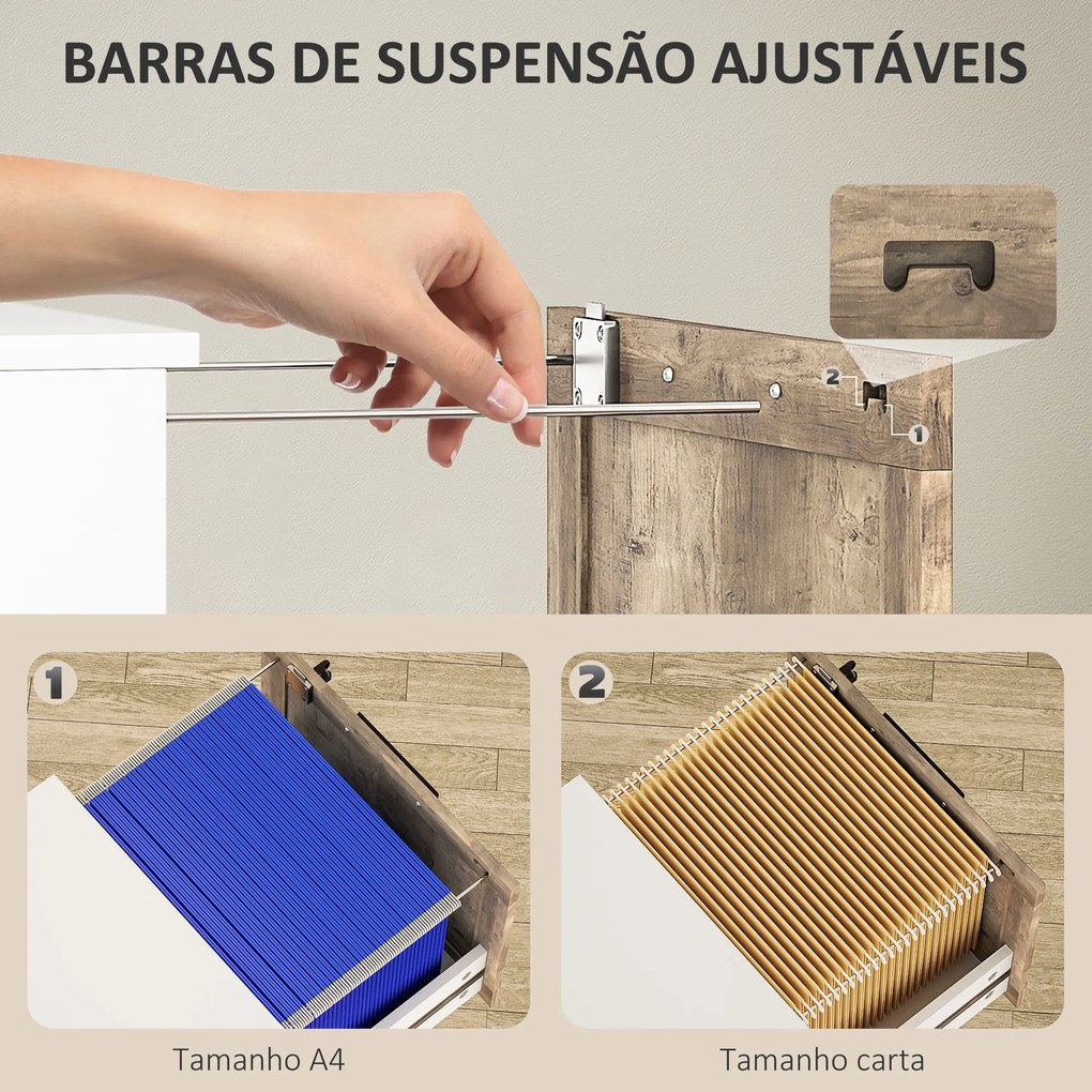 Bloco de Gavetas de Escritório com 4 Gavetas Fecho e 2 Chaves e Barras para Pendurar A4 Carta 39,4x40x129 cm Branco e Madeira