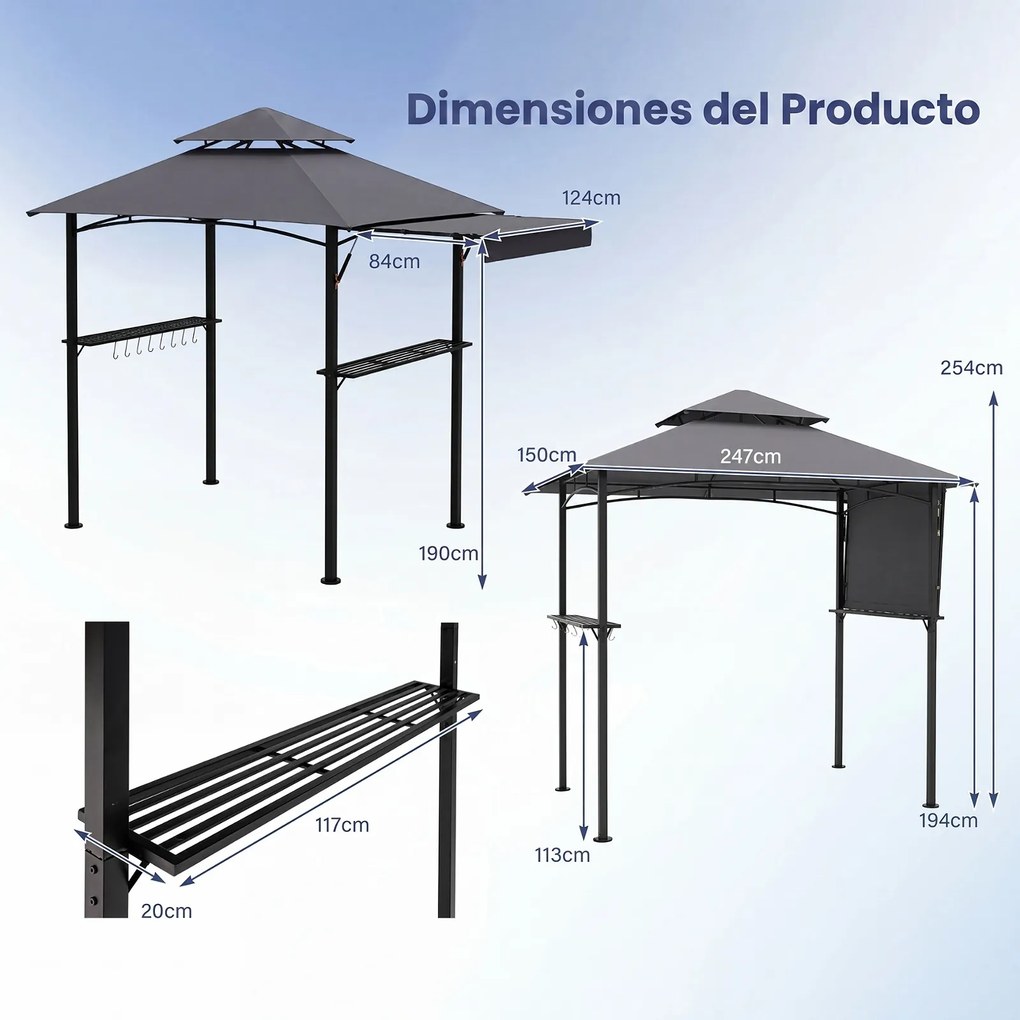 Tenda de Jardim para Churrasco (GRELHADOR NÃO INCLUIDO), 244 x 148 x 254 cm, Toldo Ajustável, Cinzento