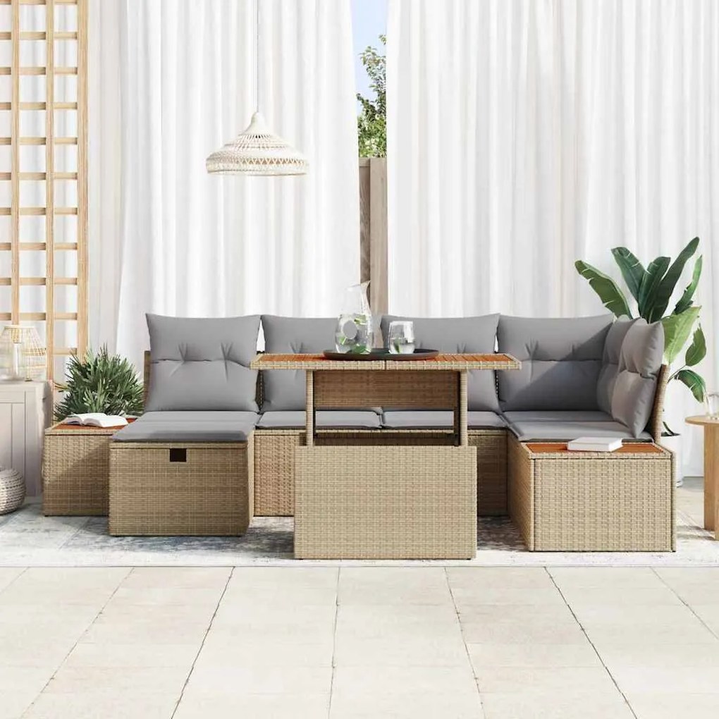 Conjunto de Sofá de Jardim com 7 Peças e Almofadas Bege em Rattan Sint