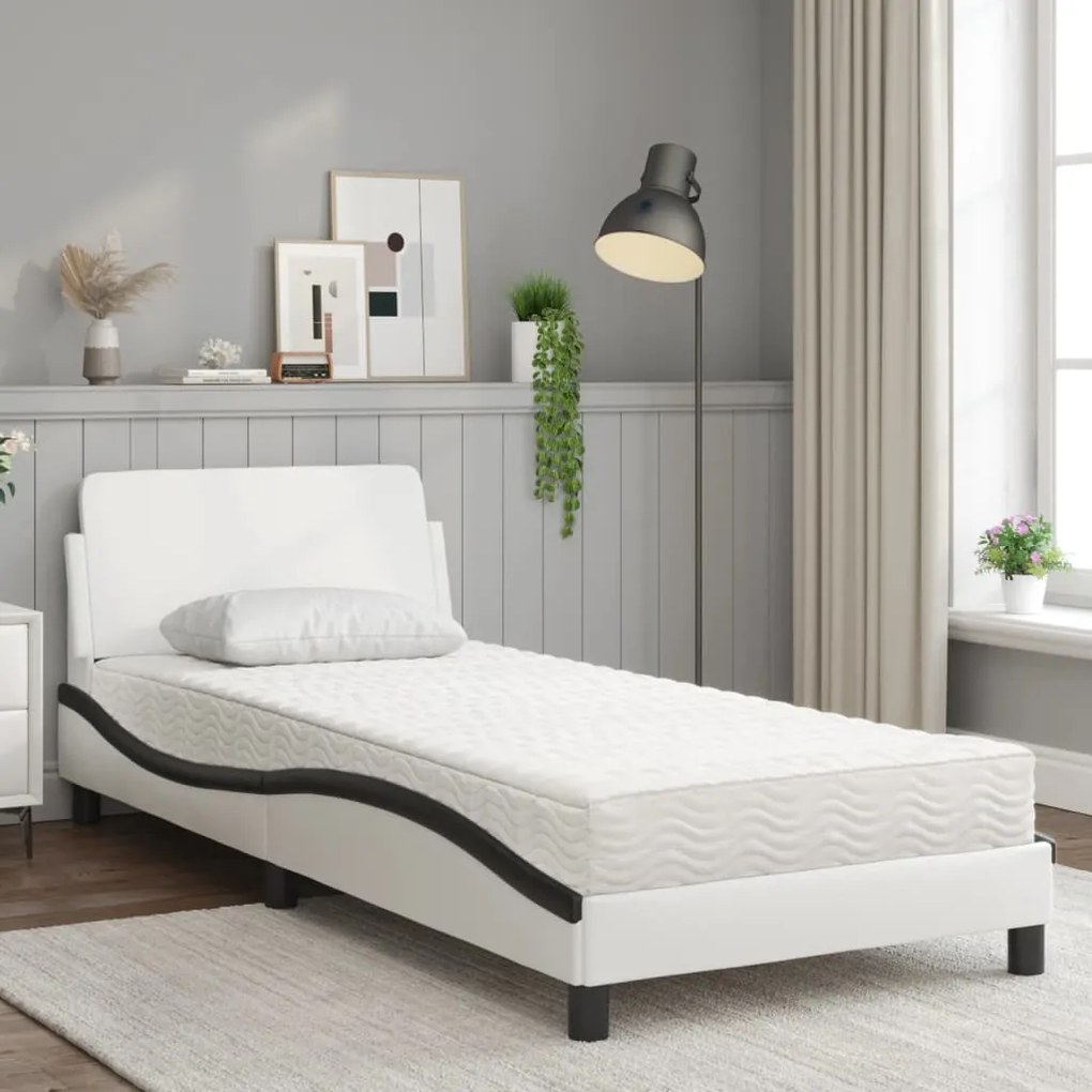 Cama com colchão 90x200 cm couro artificial branco e preto