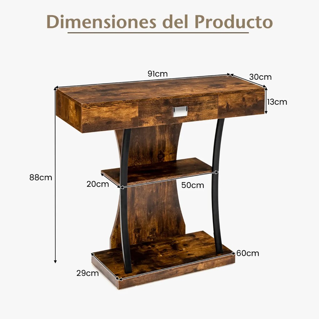 Mesa Consola T para Espaços Pequenos Mesa Sofá com Gaveta Prateleiras Anti-Tombo para Corredor Entrada Sala 91 x 30 x 88 cm Castanho