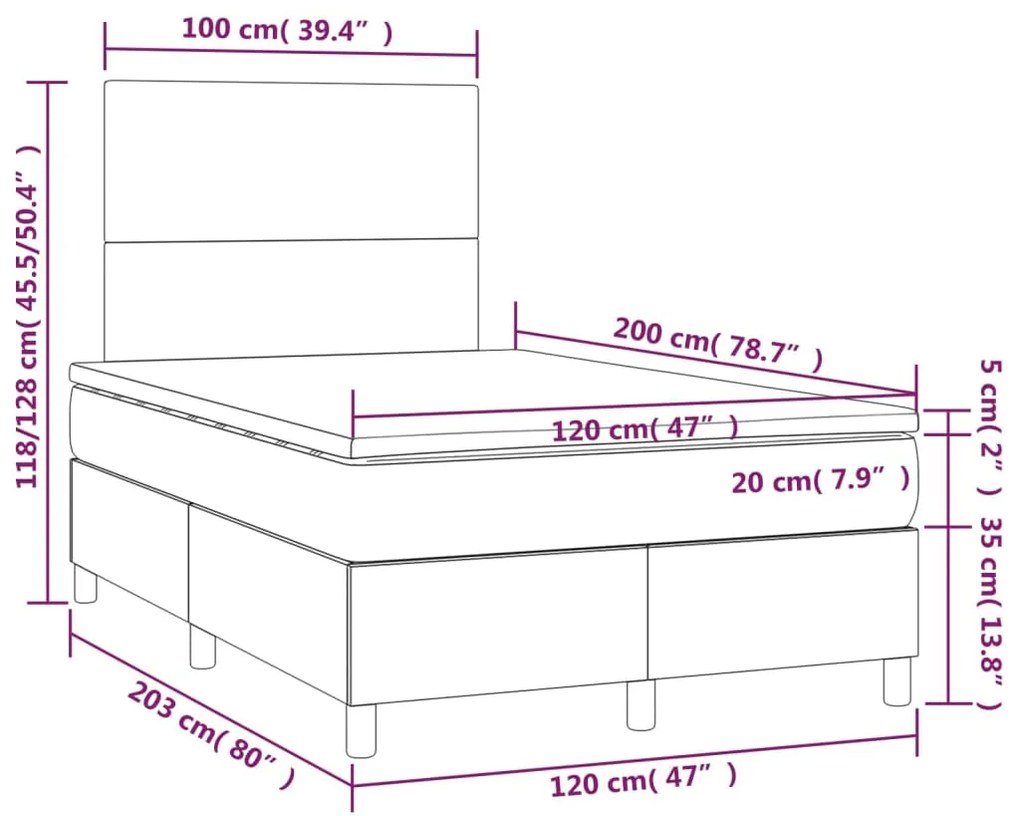 Cama box spring c/ colchão/LED 120x200cm tecido castanho-escuro