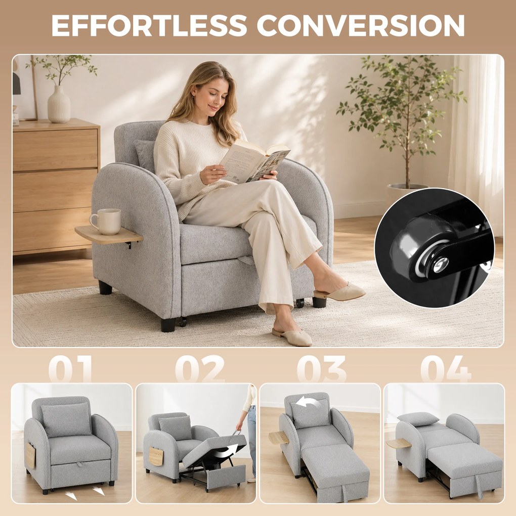 Poltrona-cama de 1 lugar, Poltrona-cama 3 em 1, Encosto ajustável, Apoio lateral rebatível, Cinzento