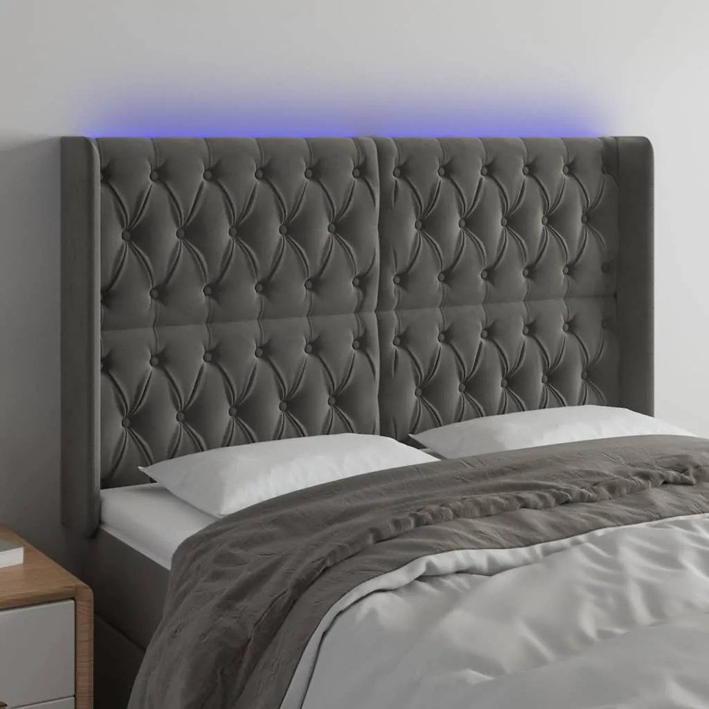 Cabeceira de cama c/ LED veludo 163x16x118/128 cm cinza-escuro