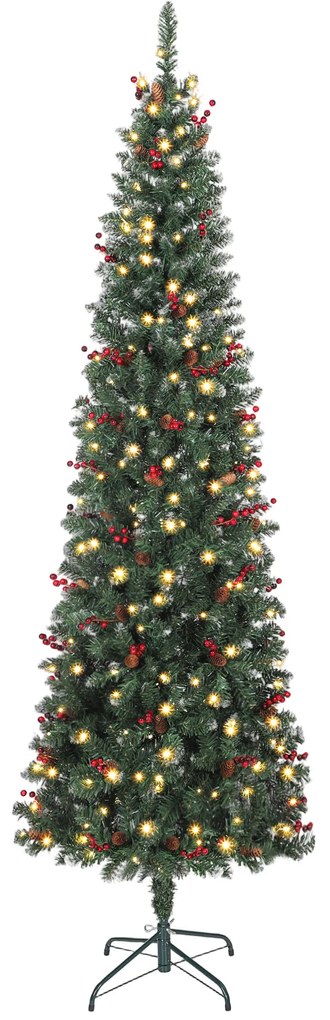 Árvore de Natal Slim 230 cm com Luzes LED 8 Modos de Iluminação 761 Ramos com Purpurina Prateada Pinhas e Bagas Verde