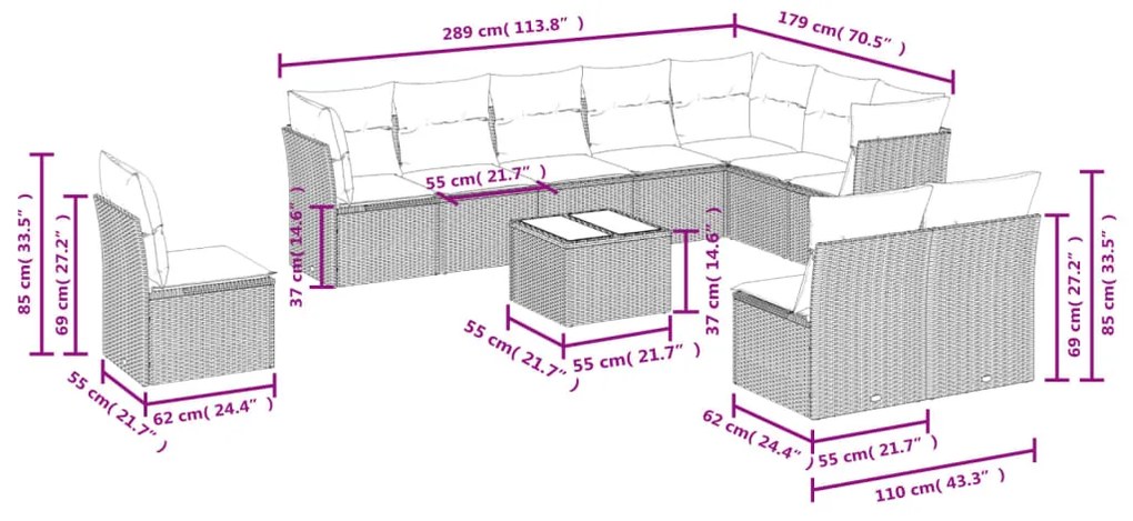 11 pcs conjunto sofás de jardim c/ almofadões vime PE cinzento