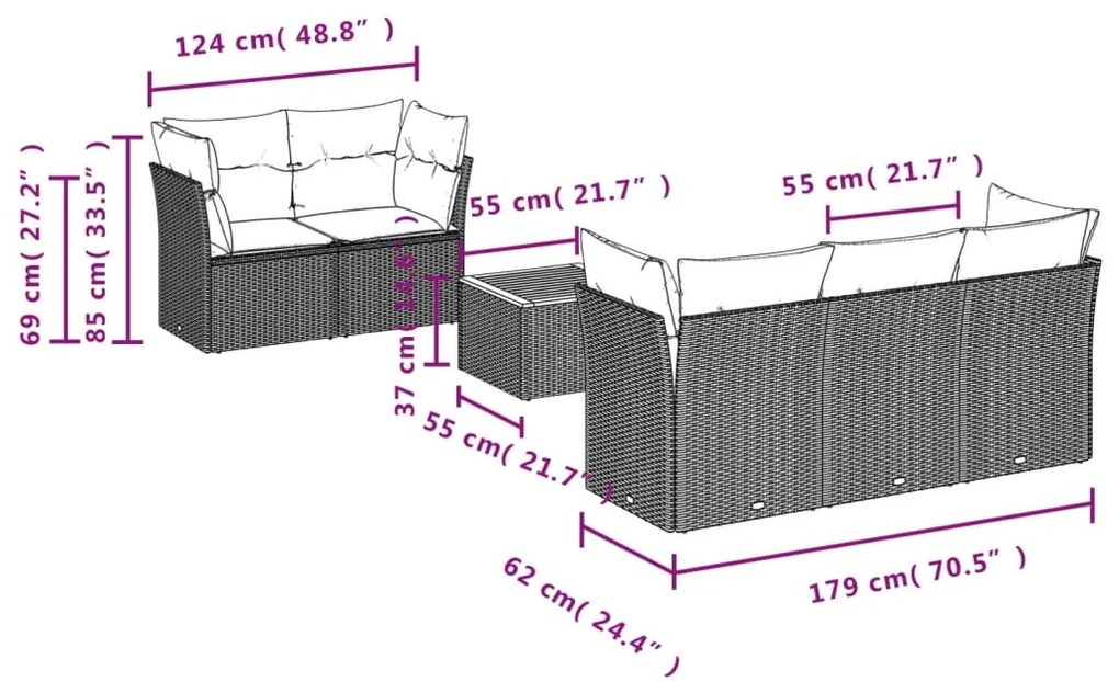 6 pcs conjunto de sofás p/ jardim com almofadões vime PE bege