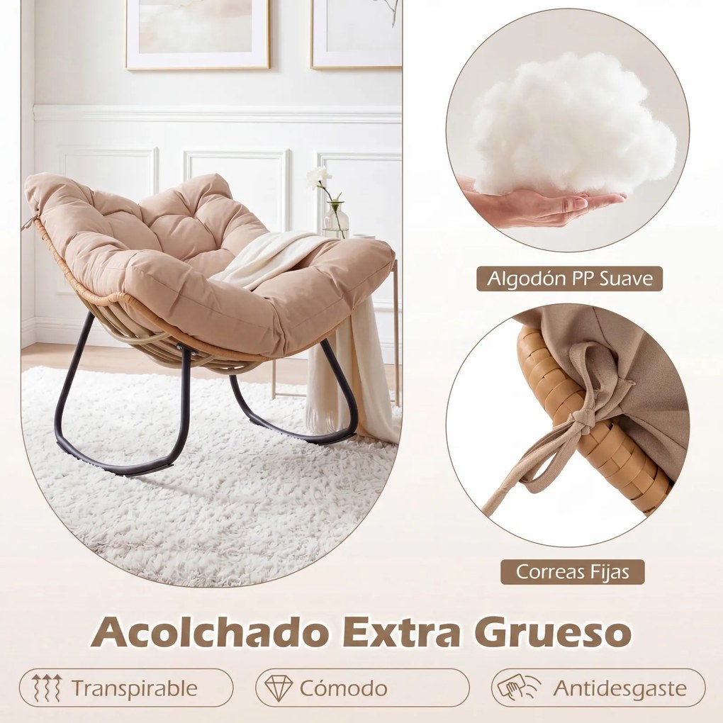 Cadeira de baloiço em forma de ovo para exterior, em rattan PE com almofada removível, estrutura metálica, oscilação de 25°, travões anti-capotamento,